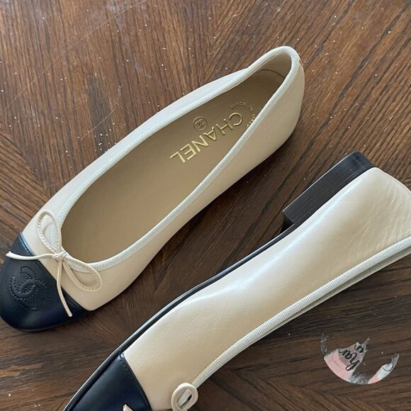 CHANEL Beige Lambskin Cap Toe Ballerina Flats - Picture 3 of 7
